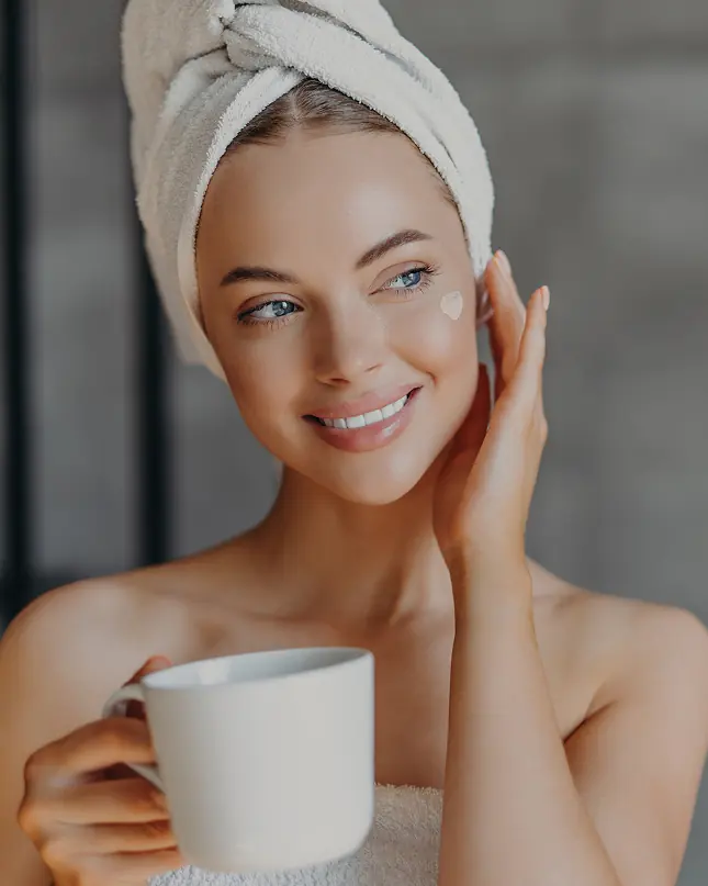 A young woman with glowing skin, wrapped in a towel with her hair covered, holding a white coffee mug and gently applying face cream with a smile. She has a relaxed and refreshed expression, creating a spa-like, self-care moment.